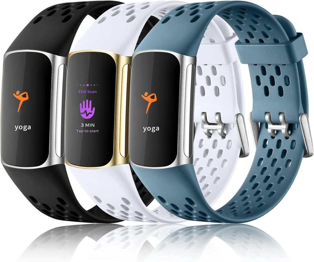 Maledan Compatible with Fitbit Charge 5/ Fitbit Charge 6 Bands Women Men, Breathable Sport Band Soft Waterproof Replacement Wristbands Strap for Fitbit Charge 5/ Charge 6 Advanced Fitness Tracker (White/ Black/ Steel Blue)