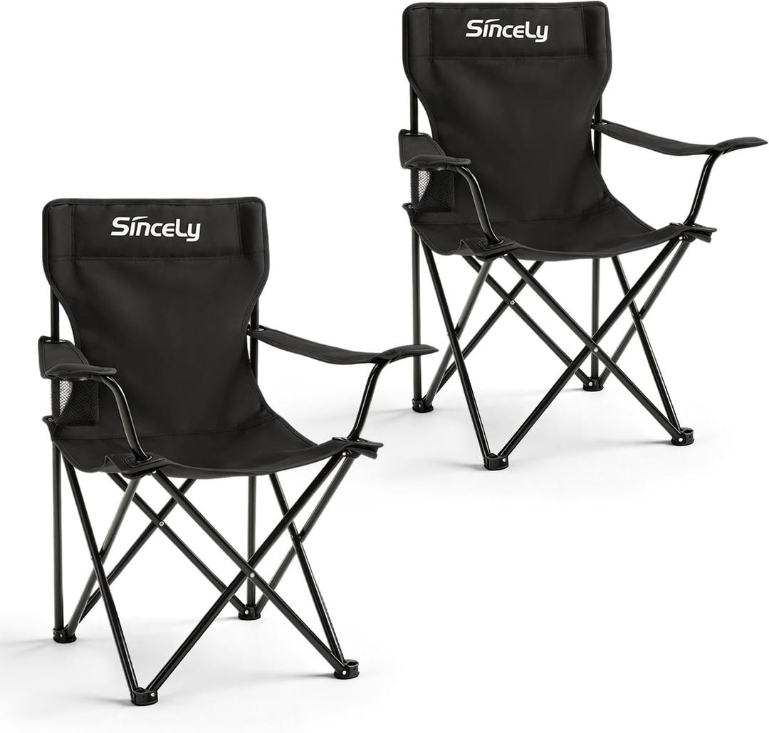 Portable Folding Camping Chair - Heavy Duty Steel Frame Outdoor Chair with Side Cup Holder, Breathable Polyester Fabric, Collapsible Camp Chair for Camping, Beach, Picnic, Fishing, 2PCS