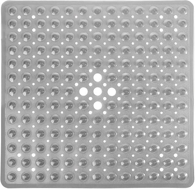 Yimobra Shower Mat 21X21 Inch Square, Non Slip Bathtub Mat with Large Suction Cups&Drain Holes, Soft Fast Dry Shower Stall Mats for Inside Shower, Machine Washable BPA-Free,Bath Essentials, Clear Gray