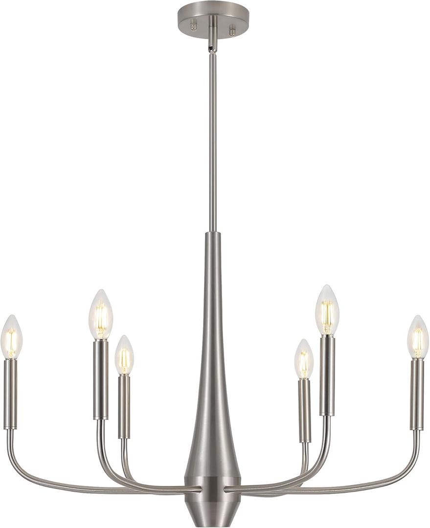 Brushed Nickel Chandelier, 6-Light Modern Farmhouse Chandeliers for Dining Room Lighting Fixtures Hanging, Industrial Metal Minimalist Chandelier for Kitchen Bedroom Foyer Entryway Hall