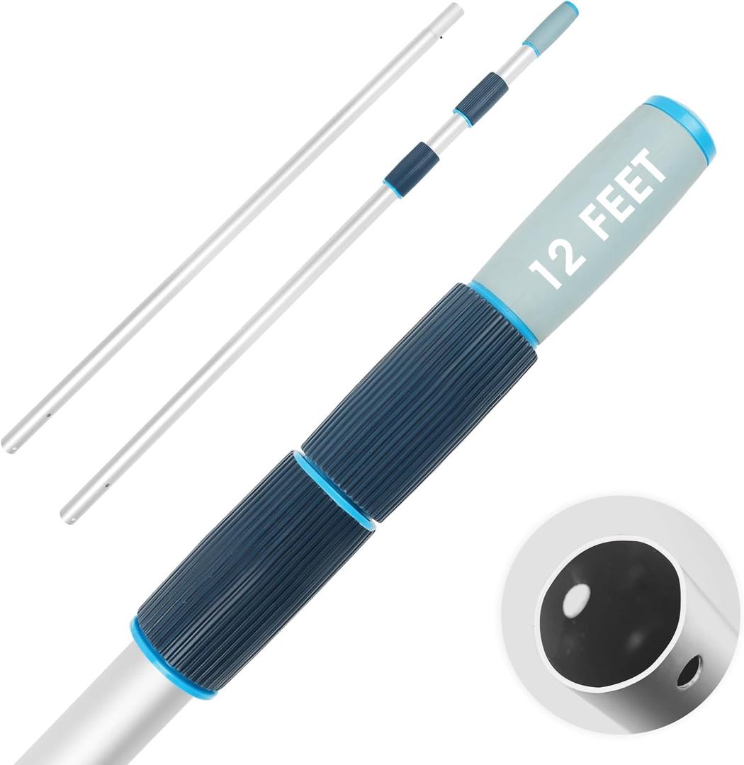 12 FT Heavy Duty Pool Pole, Prime Telescopic Aluminum Standard Pole with Extendable Stick Joint for Swimming Pool Cleaning Tools Connect with Pool Net Skimmers, Brushes, Vacuum Heads