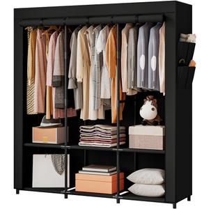 SORCEDAS Portable Closet Wardrobe Storage Organizer Metal Hanging Rack Non-Woven Fabric 50 Inch (Black)