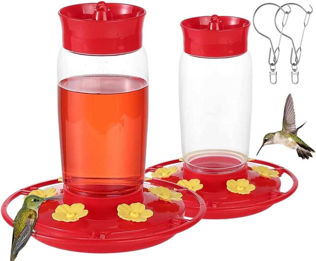 2-Pack Plastic Hummingbird Feeder - 22oz Leakproof Outdoor, 6 Bee-Proof Ports with Ant Moat, Wide Mouth Easy Clean, Hanging Hook for Trees or Decks (Red)