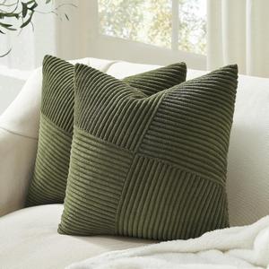 Topfinel Set of 2 Olive Green Decorative Throw Pillow Covers 16x16 Inches for Couch Bed Sofa, Boho Aesthetic Home Decor, Soft Corduroy Striped Patchwork Windmill Textured Cushion Cases 40x40 cm