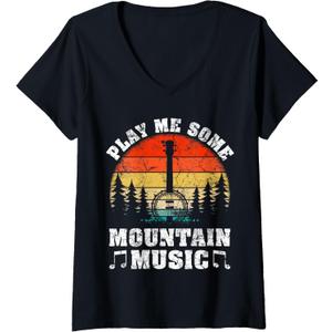 Womens Vintage Play Me Some Mountain Music Mandolin V-Neck T-Shirt (Medium, Black)