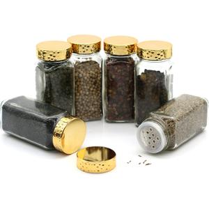 Tianifa 6pcs Gold Spice Jars, 4 oz Glass Seasoning Bottles, Spices Container, Empty Spice Jars, Square Spice Bottles with Airtight Plastic Caps with Shaker Lids