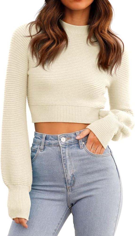GeGekoko Womens Sexy Crew Neck Cropped Sweaters Ribbed Knit Long Sleeve Crop Tops Pullover (Large, Beige)
