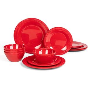 Red Melamine Dinnerware Sets of 12 Pcs, BPA Free Dishes Set, Plates and Bowls Sets for Indoor Outdoor Dining on the Beach, RV, Camping Use,Lightweight Unbreakable Dishwasher Safe