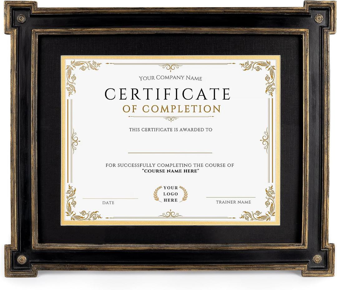 AELS 8.5 x 11 Diploma Frame for Wall and Tabletop Display, Vintage College Degree Document Certificate Frame with HD Glass, Fits 8.5 x 11 Certificates with Mat or 11 x 14 without Mat, Black with Gold