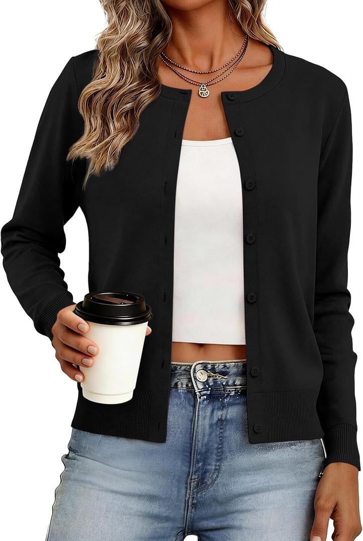 Women's Cardigan Sweaters Lightweight Crew Neck Button Down Long Sleeve Spring Outfits Fashion Clothing 2026 (Large, Black)