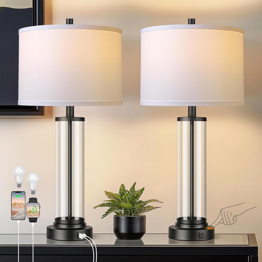 QiMH Touch Control Table Lamps Set of 2 with USB Ports, 3-Way Dimmable Bedside Lamp for Living Room Bedroom House, Modern Nightstand Lamp with 2 LED Bulbs(Black)