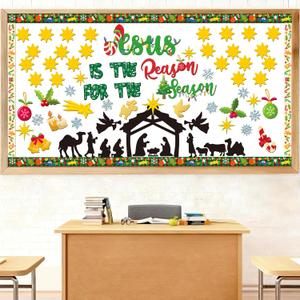 2 x MISS FANTASY 88 PCS Christmas Bulletin Board Decorations Set, Nativity Bulletin Board Set Jesus is The Reason for The Season Jesus Birth Cutout Sunday School Christmas Classroom Office Decorations