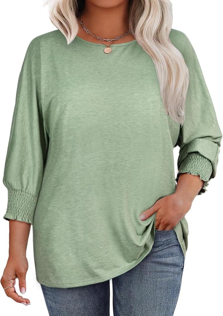 Eytino Plus Size Tops for Women Crew Neck 3/4 Sleeve T-Shirts Loose Casual Solid Basic Business Tees Blouses(3X)