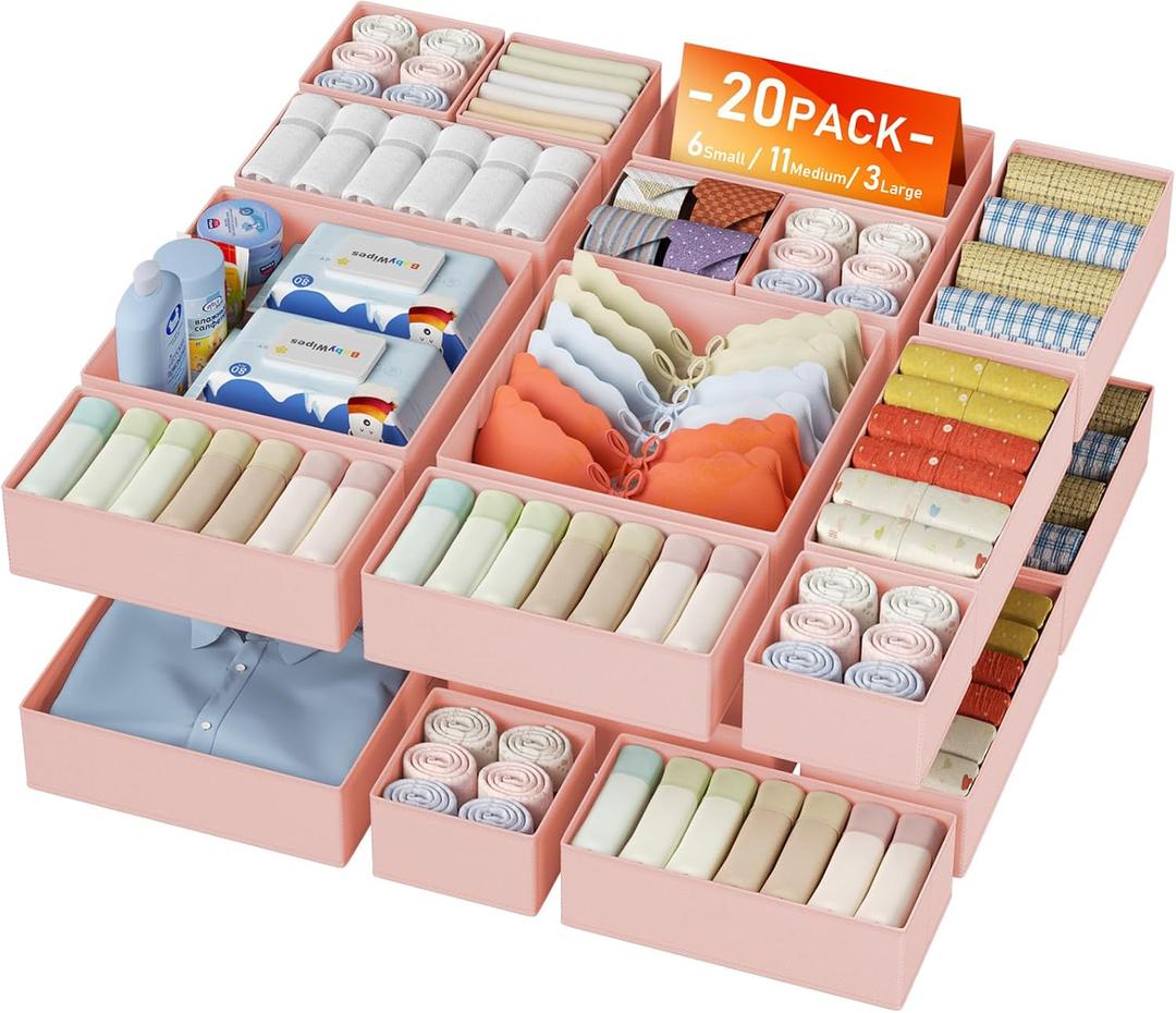 DIMJ Drawer Organizer Clothes 20 Pack - Foldable Baby Organizers and Storage & Dresser Organizer for Bedroom, Closet - Nursery Organization Dresser Dividers for underwear, Sock,Bra, Belt, Tie, Pink