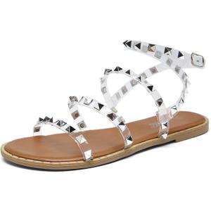 katliu Women's Flat Sandals Strappy Studded Sandals Gladiator Sandals with Ankle Strap (8.5, Clear)
