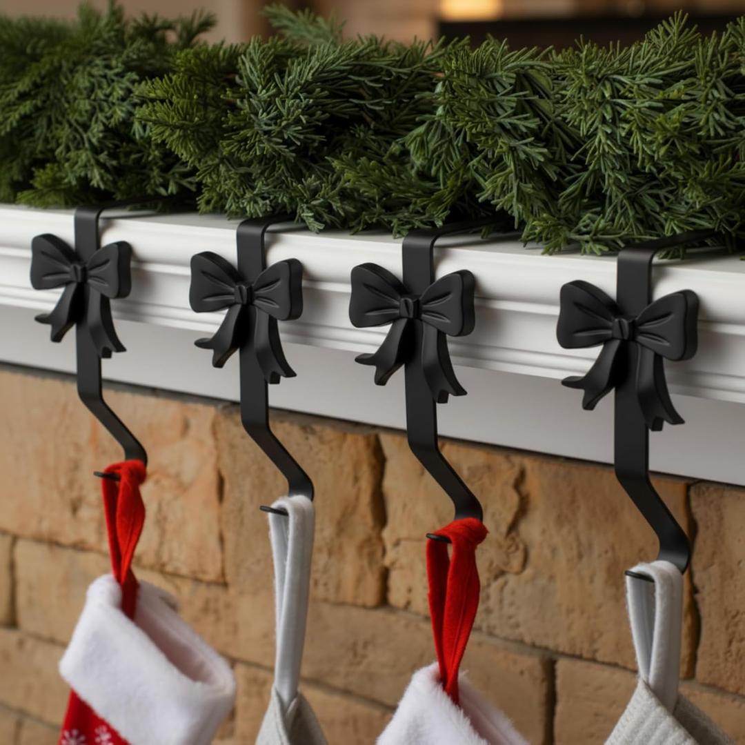 Shimeyao 4 Pcs Black Bow Christmas Stocking Holder Heavy Duty Cast Iron Stocking Hooks Non-Slip Fireplace Hangers Xmas Bow Decoration for Mantle Shelf Staircases Party