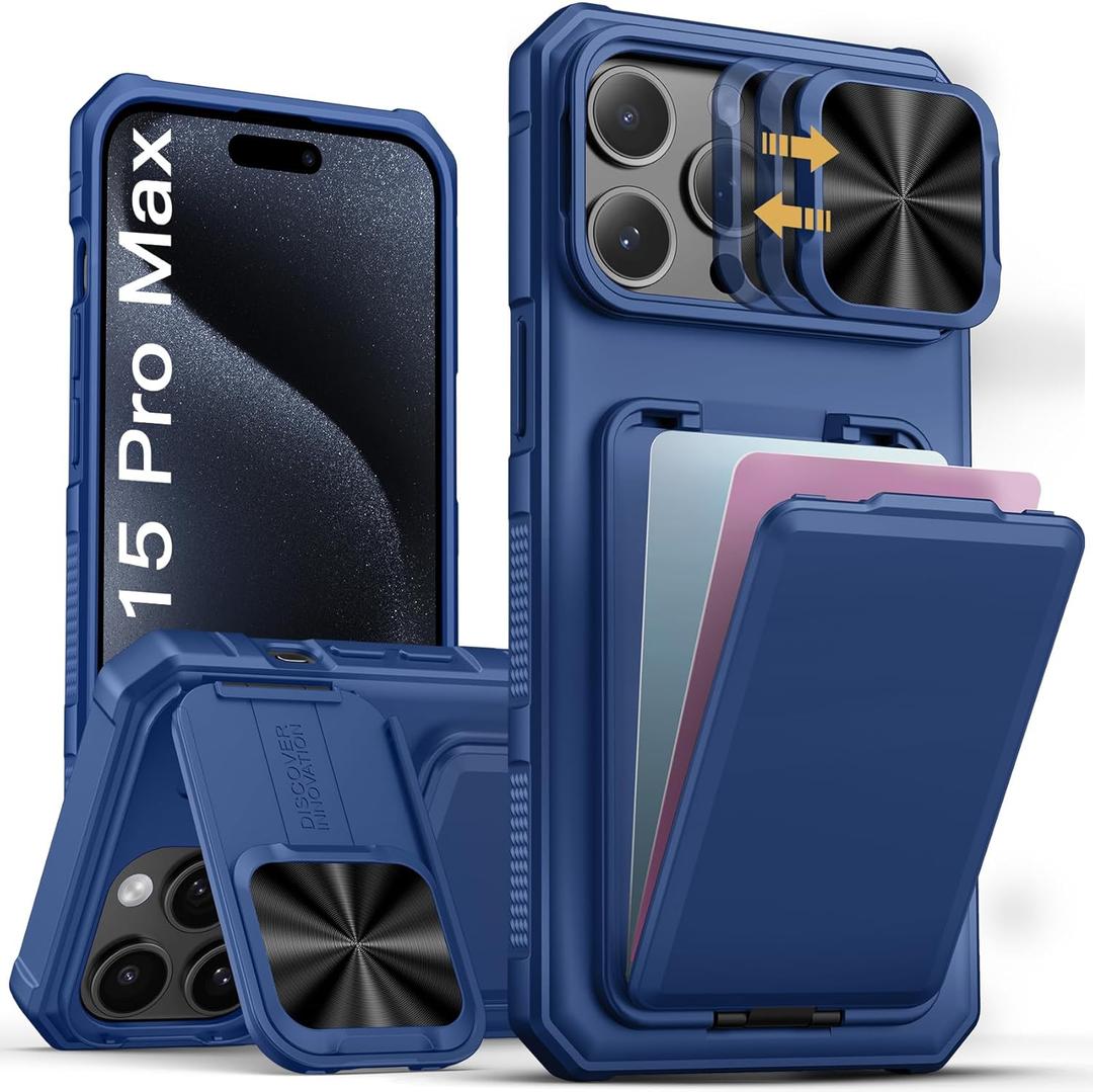 SSLOTSCASE for iPhone 15 Pro Max Case with Stand & Credit Card Holder & Sliding Camera Cover & Camera Stand & Wallet, Rugged Silicone Edge Protective Case Cover for iPhone 15 Pro Max 6.7'' 2023, Blue