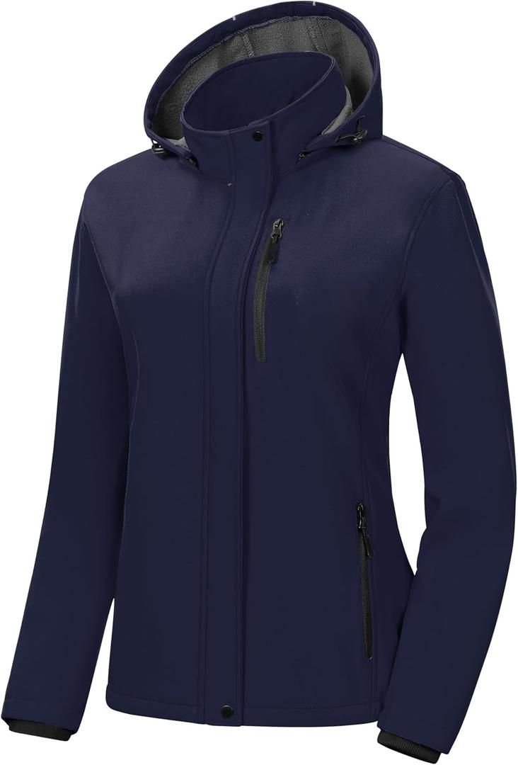 Pursky Women's Softshell Jacket Lightweight Fleece Lined Rain Jacket Waterproof Warm Windbreaker Coat With Removable Hood (Navy Blue, XS)