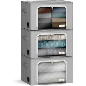 Sorbus Storage Bins with Metal Frame - Stackable & Foldable Clothes Organizer Bags - Oxford Fabric Storage Containers with Large Clear Window & Carry Handles Organization for Bedding Linen & Clothing (3 Pack, Gray)