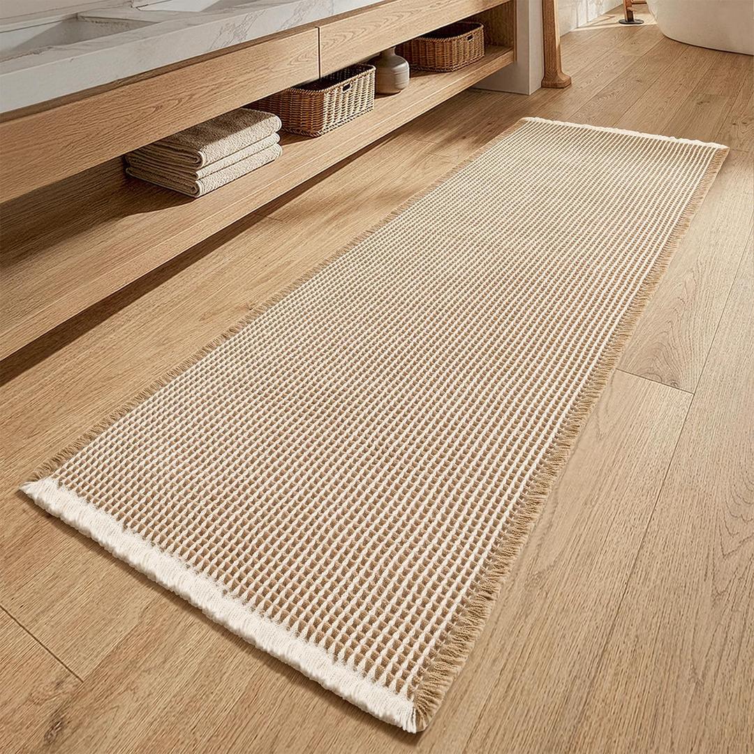 MIULEE Waffle Bathroom Runner Rugs, Super Absorbent Non Slip Bath Rug, Soft Quick Dry Washable Boho Large Beige Bath Mat with Tassels for Hallway Laundry Room Bedroom, 2'x5' (24"x60"), Brown & White