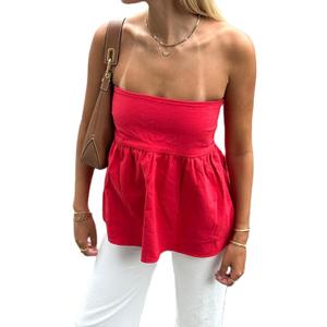 Women Strapless Smocked Peplum Tops Y2k Bubble Ruffle Babydoll Tube Top Off Shoulder Bandeau Going Out Tanks (Medium)