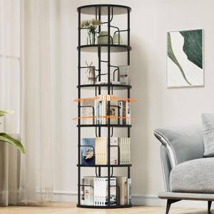 Flycity 5 Tier Rotating Bookshelf, 360° Corner Bookshelf Tower, Round Revolving Bookcase with Special Visible Partition Storage, Narrow Book Shelf Organizer for Living Room, Small Space, Black