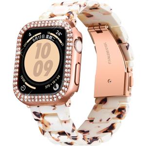 Resin Watch Bands with Case Compatible with Apple Watch Band 40mm 41mm 44mm 45mm Women Watch Strap with Glitter Bling Protective Cover Wristband for iWatch Series 8 7 SE SE2 6 5 4, Nougat White 40mm