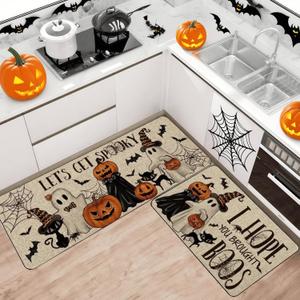 Halloween Decorations Kitchen Mats Set of 2,Halloween Kitchen Decor,Bathroom Black Cat Rug,17x29 Inch-17x47 Inch,Spooky Ghost and Pumpkin Design, Decorative Floor Mats
