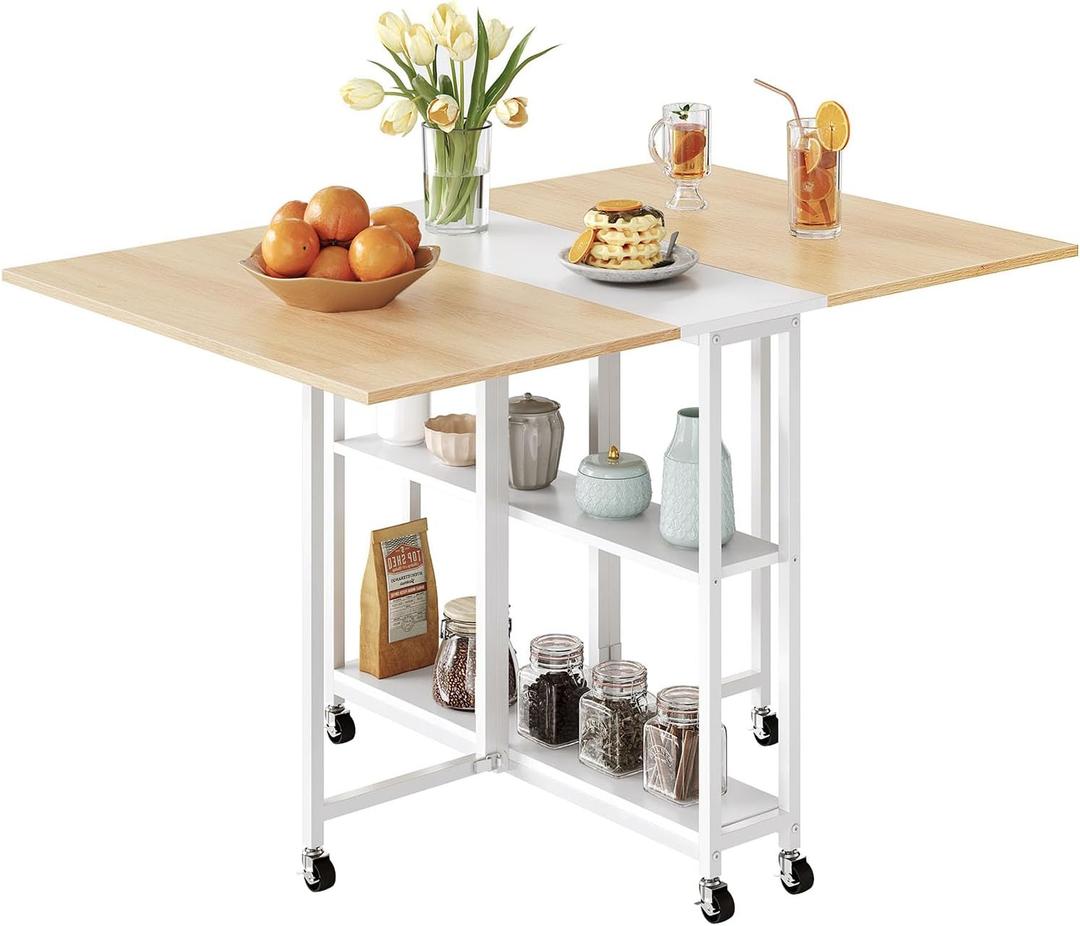 Folding Dining Table, Movable Dining Table, Kitchen Table for Small Space, Foldable and Expandable Desk Furniture with 6 Wheels, for Dining, Living Room, Apartment, White and Natural