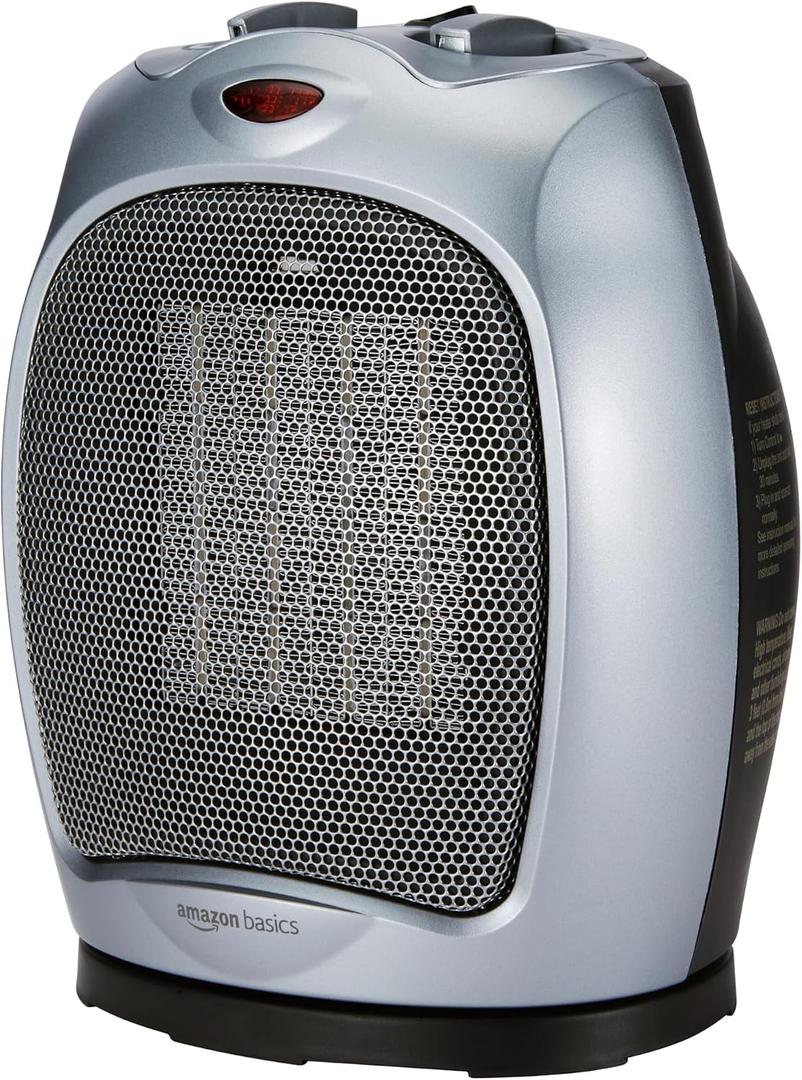 Amazon Basics Oscillating Ceramic Portable Indoor Space Heater, Fast Heating Technology, Overheat and Tip-Over Protection, Adjustable Thermostat, 1500W, 7.52"D x 6.34"W x 9.45"H, Silver