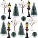 16 PCS Christmas Figurine Village Accessories, Mini Street Light Models with Brush Trees, Miniature Christmas Pathway Street Lamps Lantern Post for DIY Micro Landscape Fairy Garden
