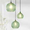 3-Light Glass Globe Pendant Light Kitchen Island, Mid-Century Modern Pendant Ball Chandelier with Green Ribbed, Vintage Hanging Ceiling Light Fixture for Dining Room, Over Sink, Table