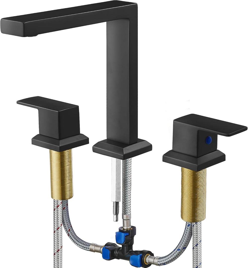 Black High Flow Bath Tub Faucet Set 3 Hole, Brass Deck Mount Roman Bathtub Faucet, 2 Handle & Longer Spout Reach with No Leaks Cartridge, Pre-Install 1/2" NPT Female Water Supply Line