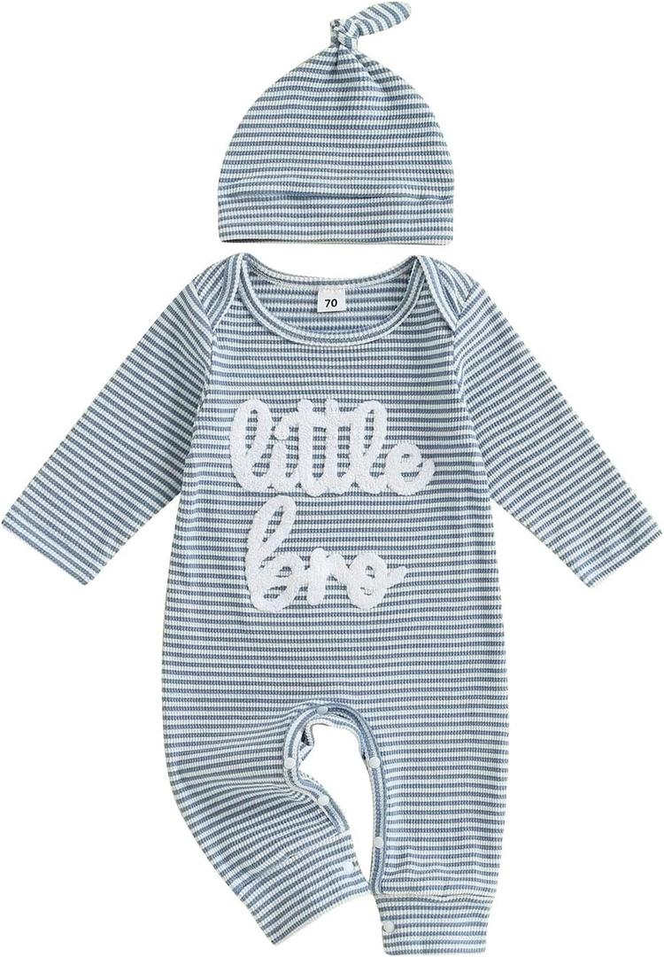 ZAXARRA Newborn Boy Stripe Romper Letter Embroidery Long Sleeve Round Neck Full Length Jumpsuit with Hat (Blue)