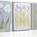 3Pcs Blue Green Tulip Hydrangea Flower Canvas Wall Art Flowers Plant Aesthetics Painting Picture Decor Elegant Preppy Poster Print Artwork for Living Room Gallery Bedroom Dorm Home Decoration