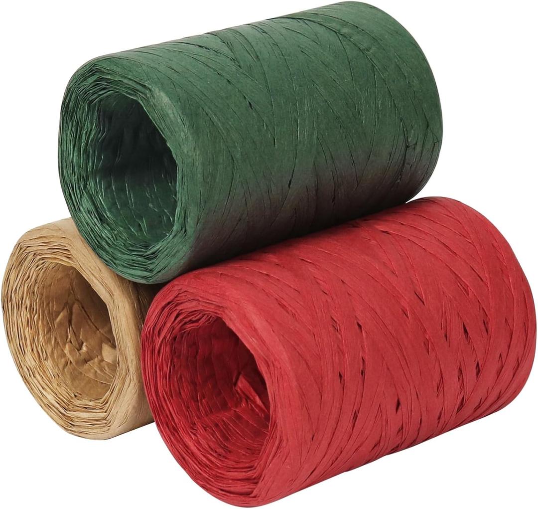 Raffia Ribbon, 3 Rolls 984 Feet Red Green Natural Christmas Ribbon for Gift Wrapping, Craft Paper Twine for Gifts, Pastry Boxes, Holiday Decor, Crafting (328Feet / Roll)