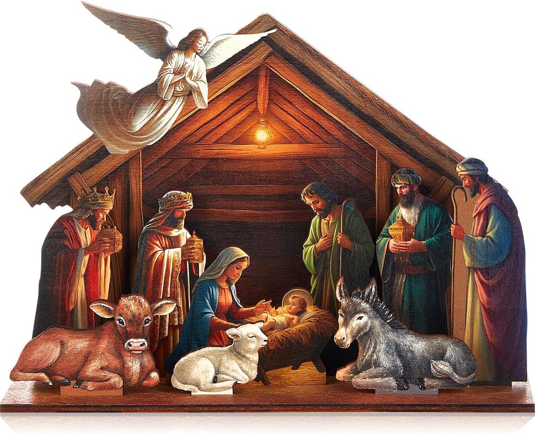 Thyle Wooden Nativity Figurine Set Christmas Birth of Jesus Story Nativity Scene Statue Table Sign Xmas Santa Religious Christian Easter Baptism First Communion Church Gift Indoor Home Decor