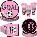 Havawish 350 Pcs 10th Soccer Birthday Party Decoration for Serves 50 Guests Pink Soccer 7" and 9" Plates Napkins Cup Knife Fork Spoon Disposable Tableware Set for Boys Girls Sports Birthday Party
