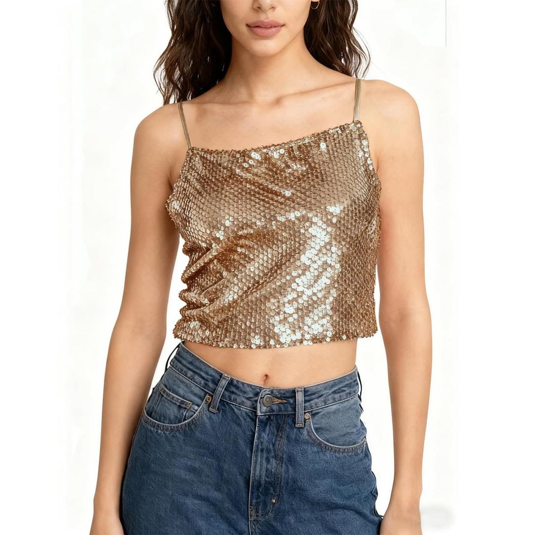 Miqieer Sequin Cami Top Square Neck Sparkly Tank Top Sleeveless Party Camisole Shirts (Champagne,XS) (XS)