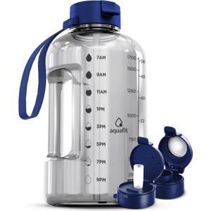 AQUAFIT 64 oz Water Bottle with Time Marker - Straw & Chug Lid - BPA Free Half Gallon Gym Water Bottle with Handle - Big Gallon Jug (Clarity, 64 Ounces)