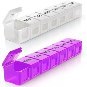 BUG HULL Weekly Pill Organizer Large 2 Packs, Extra Large Travel Pill Organizers, Pill Box 7 Day, Travel Pill Case, Medicine Pill Organizer for Vitamins, Supplements and Medication (White+ Purple)