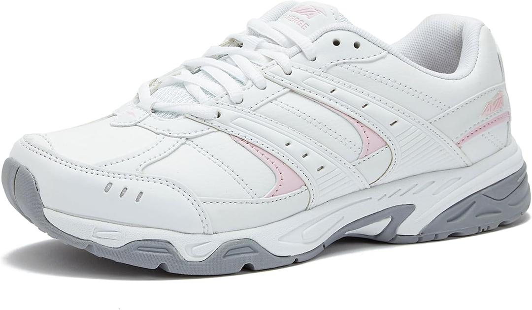 Avia Verge Women's Sneakers - Tennis, Court, Cross Training, or Pickleball Shoes for Women, Classic Black or Walking White Sneakers with Arch Support, Wide Width or Medium (Bright White/Avia Pink/Silver/Steel Grey) Size 9