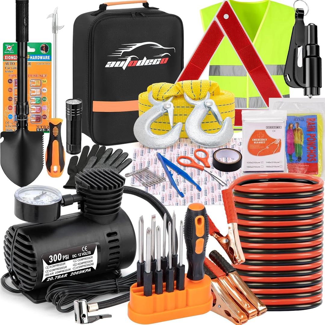 Car Emergency Roadside Assistance Kit with Jumper Cables Tire Inflator Automotive Kit for Car Vehicle
