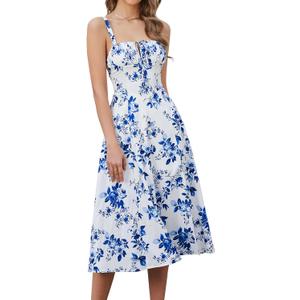 Women Summer Corset Midi Dress 2026 Floral Wedding Guest Flowy Slit Lace Up Dresses Tea Party A Line Casual Milkmaid Sundress (White, S)