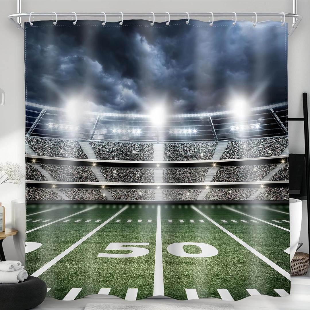 AMBZEK Boys Football Shower Curtain Sports American Sports Bathroom Accessories 72Wx72L Men Masculine Shower Curtain Set Stadium Field Soccer Green Cloth Fabric Bathroom Decor Set with 12 Pack Hooks