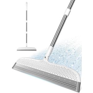 Silicone Floor Squeegee & Broom – Long Handle Hair Remover for Water, Pet Hair – for Bathroom, Tile, Concrete, Garage, Deck, Glass – Indoor Outdoor Cleaning Tool – White (15.7 inch)