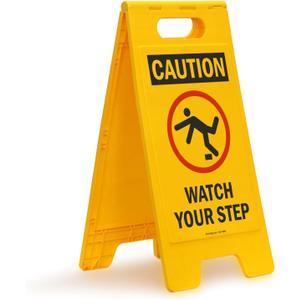 SmartSign Folding Floor Sign, Legend "Caution Watch Your Step" with Graphic, 25" high x 12" wide, Black/Red on Yellow