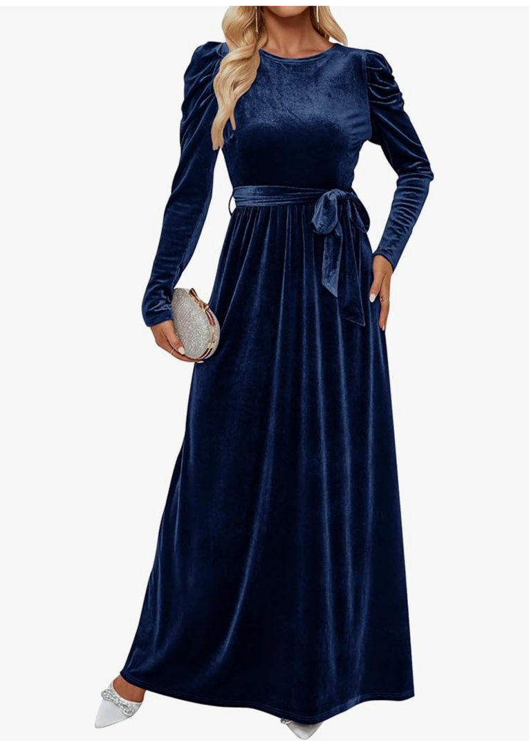 ZESICA Women's Velvet Maxi Dress Long Puff Sleeve Crew Neck Elastic High Waist Cocktail Party Bridesmaid Dresses L