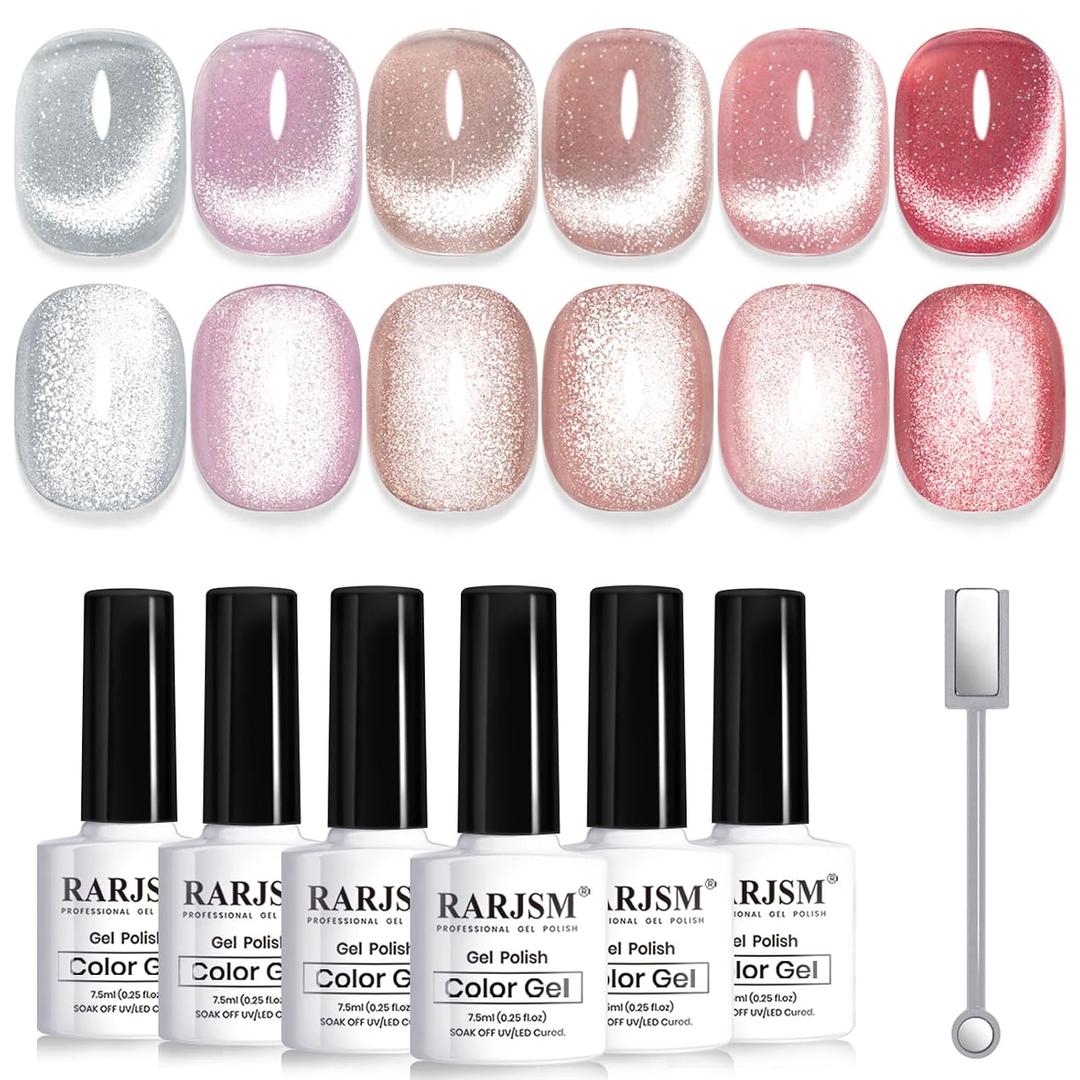 RARJSM Cat Eye Gel Nail Polish Set 6 Pcs Magnetic Sparkle Diamond Glitter Nude Pink Light Purple Red Silver Sheer Pink Velvet Ice Jelly Gel Polish with Magnet Stick UV LED Curing Requires Soak Off