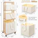 Homde Laundry Basket 3 Tier Bamboo Storage Shelf with Wheels Removable Container with Handle Freestanding Clothes Hamper Organizer for Bathroom Living Room Bedroom (Natural), Large